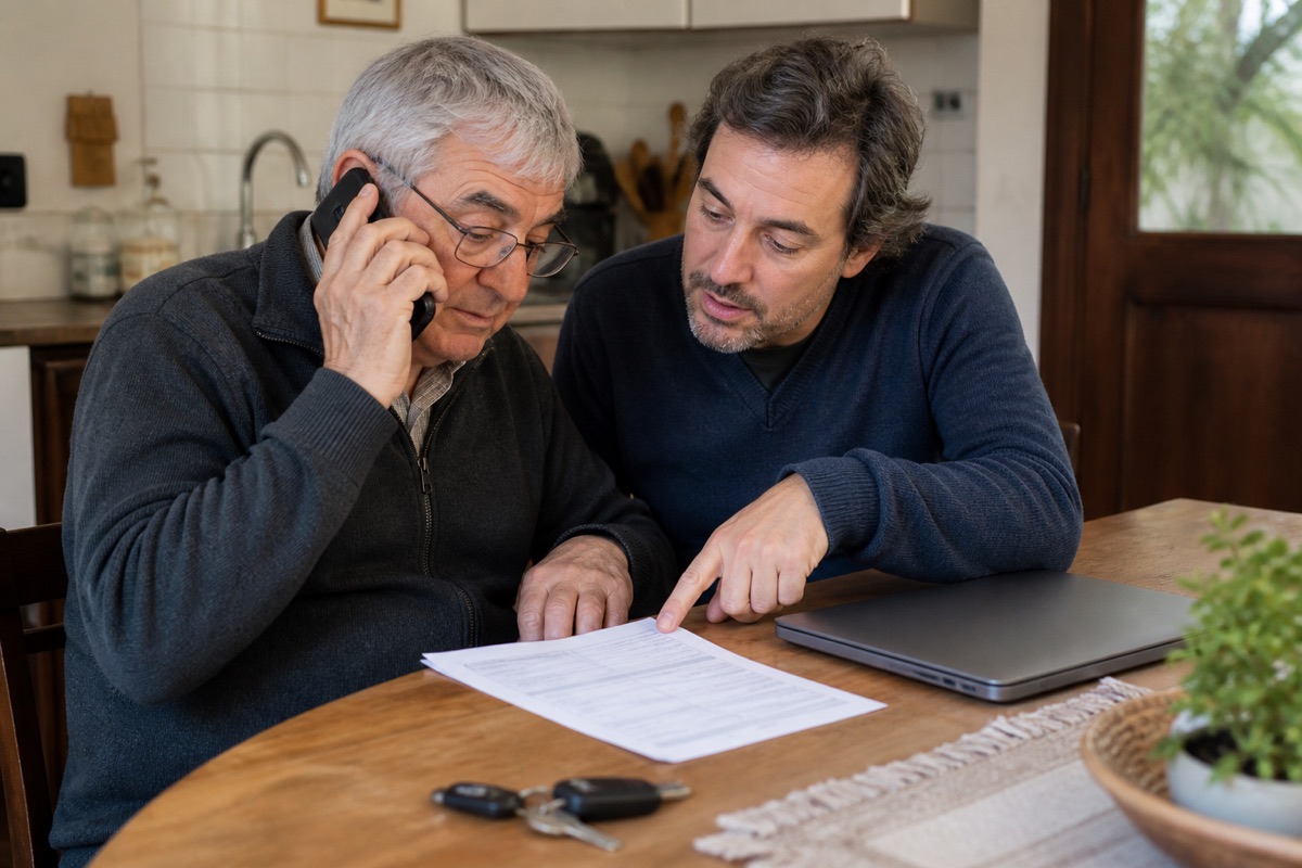 Una persona mayor pide ayuda por teléfono mientras un familiar señala una lista de pasos.